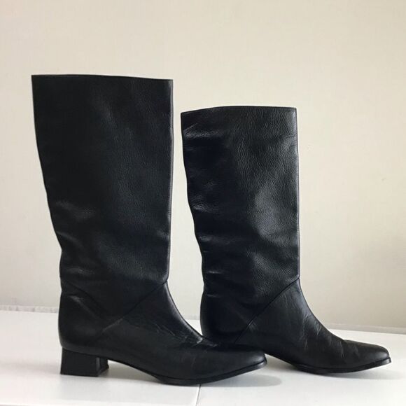 SIAMANTO Knee High Black Leather Riding Boots Pull-On Block Heel Boots Size 91/2 - Picture 7 of 16